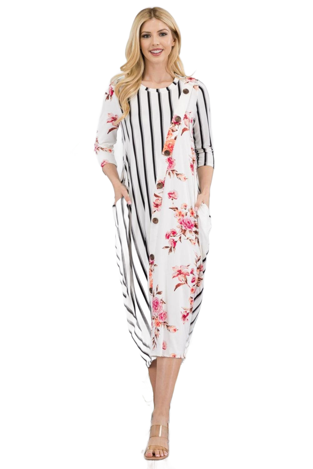 Full Size Floral Striped Contrast Midi-Dress with Pockets