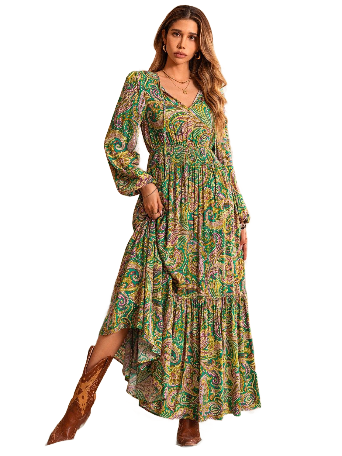 Printed Tie Neck Long Sleeve Dress