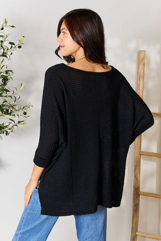 Full Size Round Neck High-Low Slit Knit Top