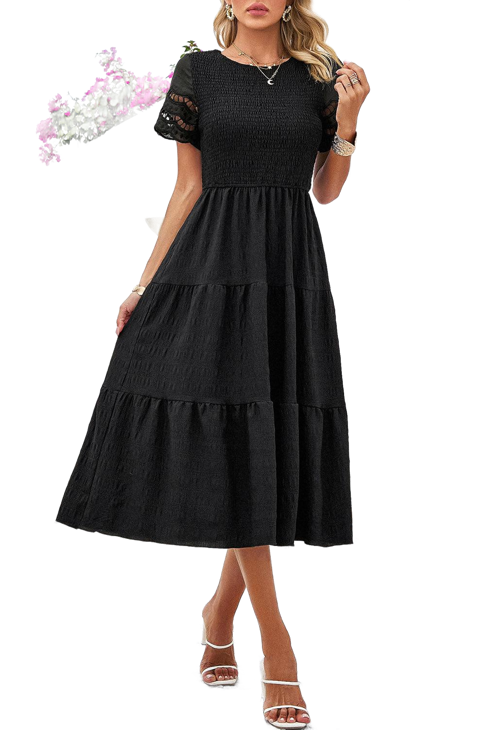 Smocked Round Neck Short Sleeve Midi Dress