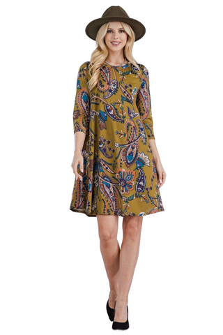 Full Size Paisley Print Round Neck Dress with Pockets