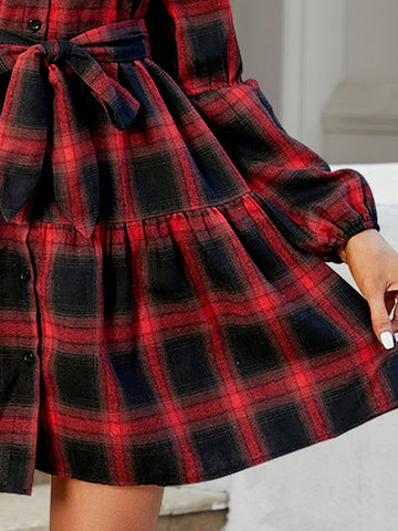 Tied Plaid Long Sleeve Mini Dress