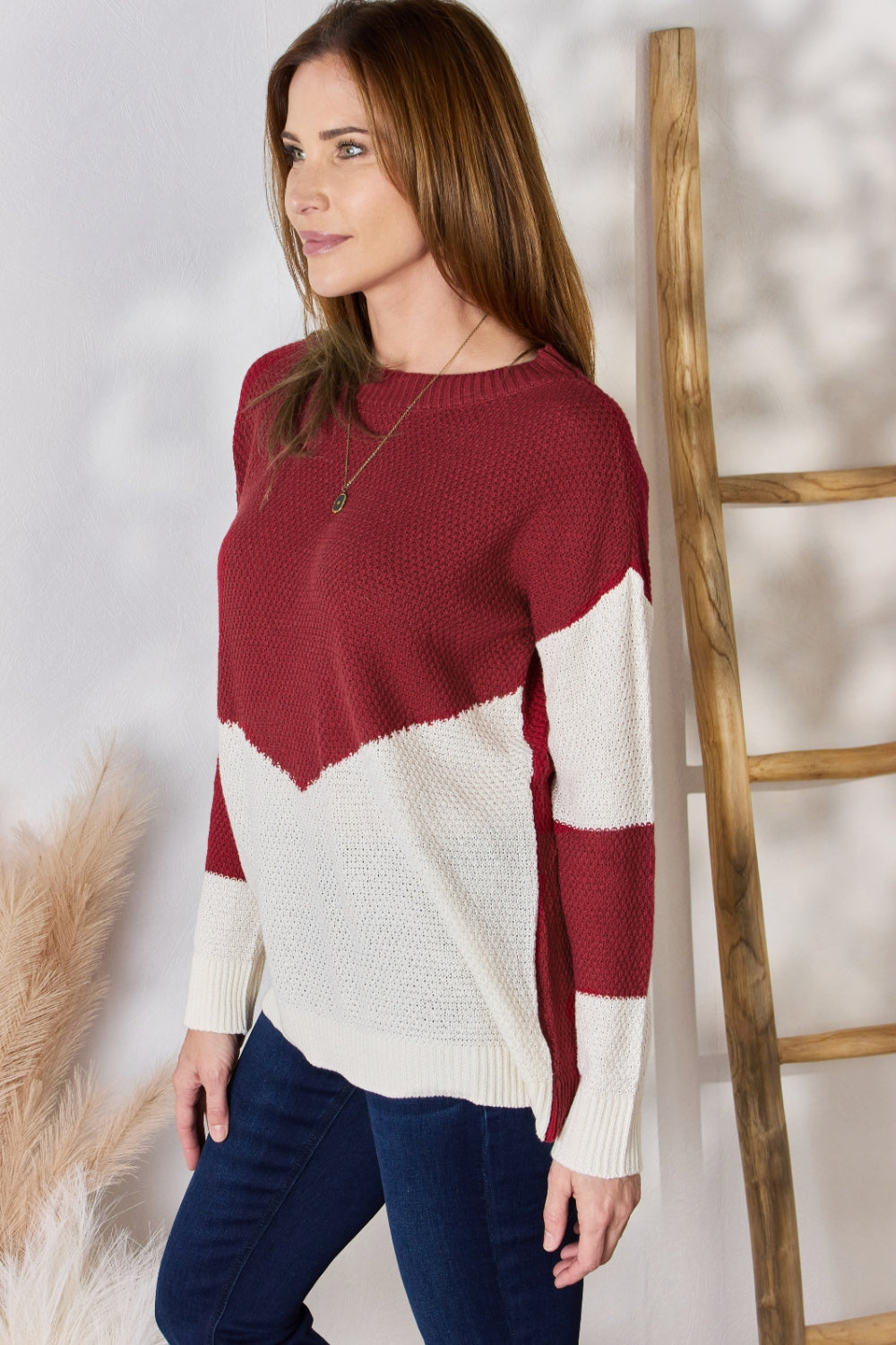 Full Size Color Block Dropped Shoulder Knit Top