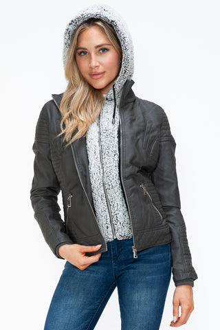 PMI Faux Layered Double-Zipper Jacket with Fuzzy Hood