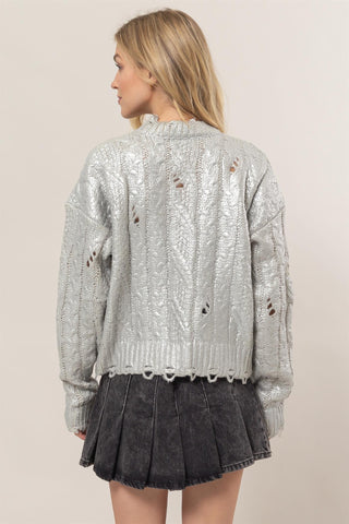 HAVE Distressed Cable-Knit Round Neck Long Sleeve Sweater