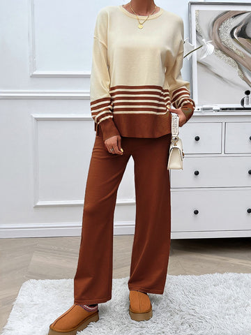 Slit Striped Round Neck Top and Pants Sweater Set