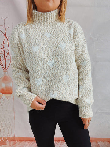 Heart Feathered Turtleneck Drop Shoulder Sweater