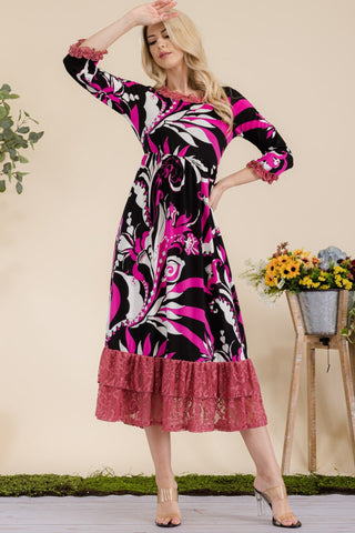 Full Size Paisley Print Lace Ruffled Midi Dress