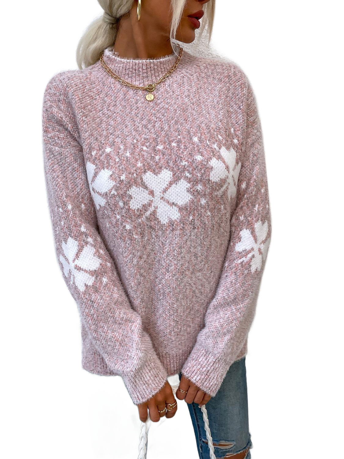 Four Leaf Clover Mock Neck Sweater