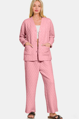 Ze nana Quilted Button Up Long Sleeve Top and Pants Lounge Set