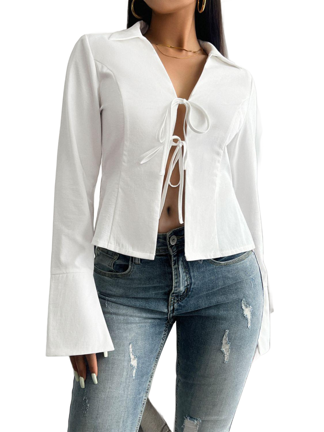 Slit Tied Collared Neck Long Sleeve Blouse