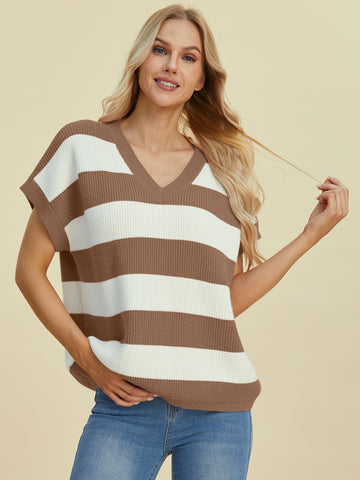 Full Size Striped V-Neck Short Sleeve Sweater