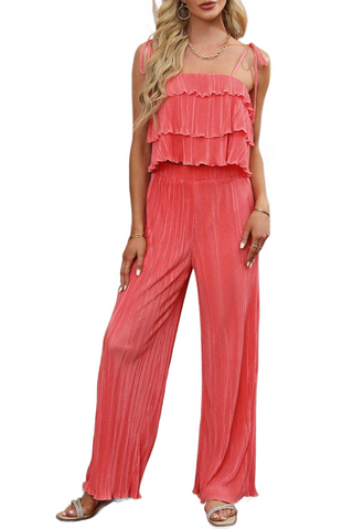 Layered Tie Shoulder Top and Wide Leg Pants Set