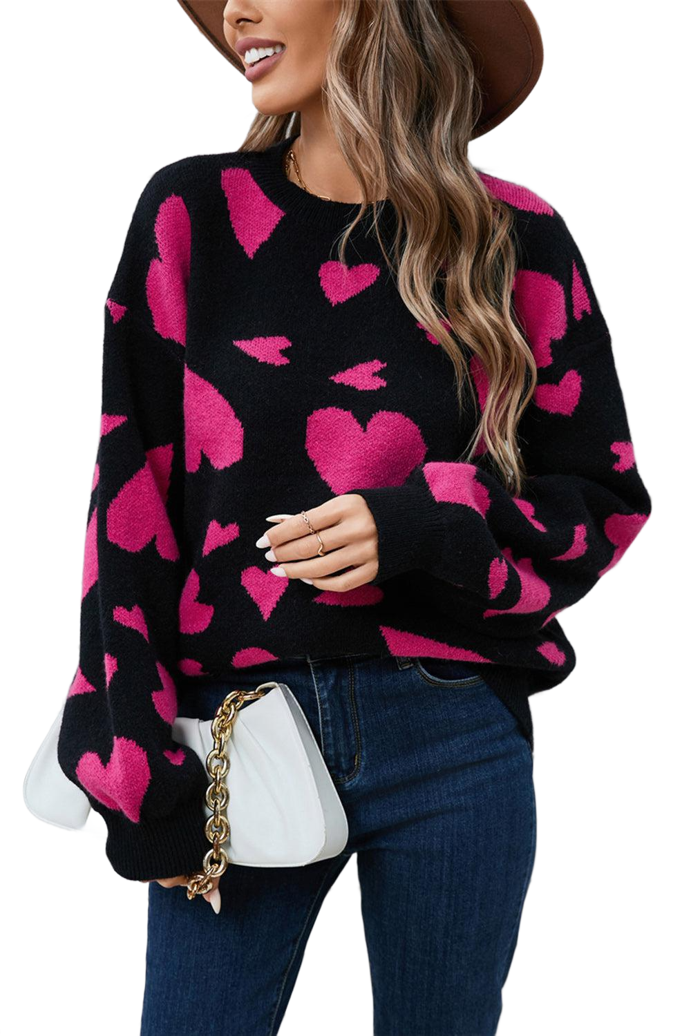 Heart Contrast Round Neck Long Sleeve Sweater