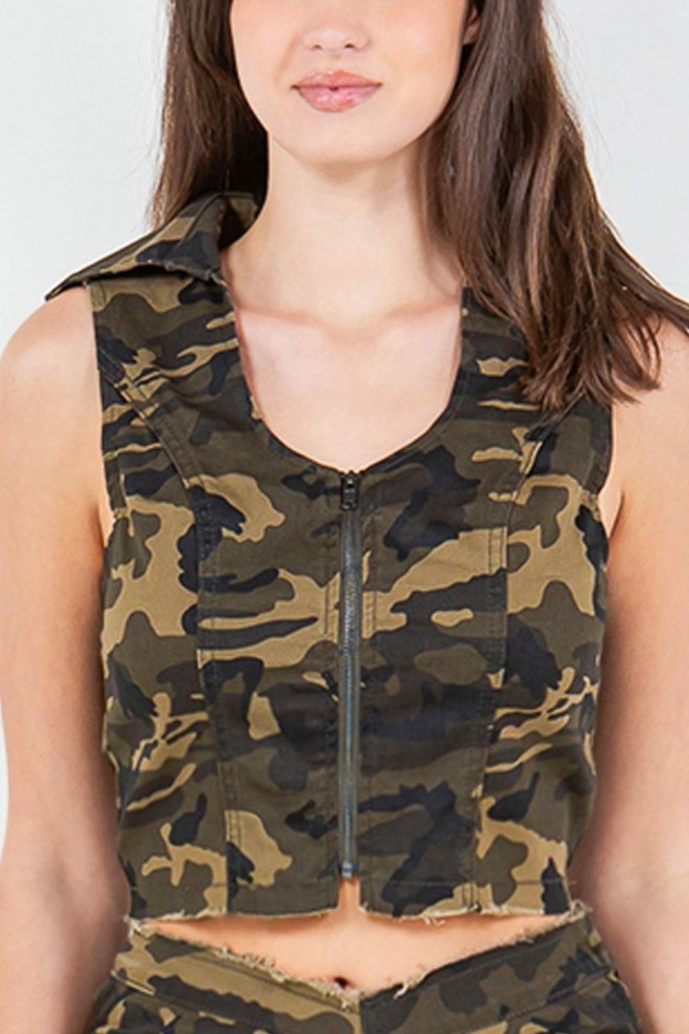 American Nazi Zip Up Camo Crop Denim Vest