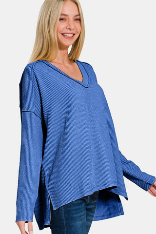 Ze nana Texture Exposed Seam V-Neck Long Sleeve T-Shirt