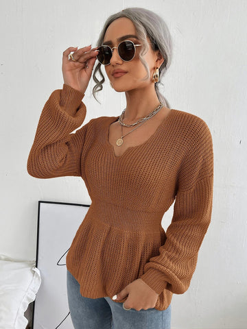 Notched Dropped Shoulder Knit Top