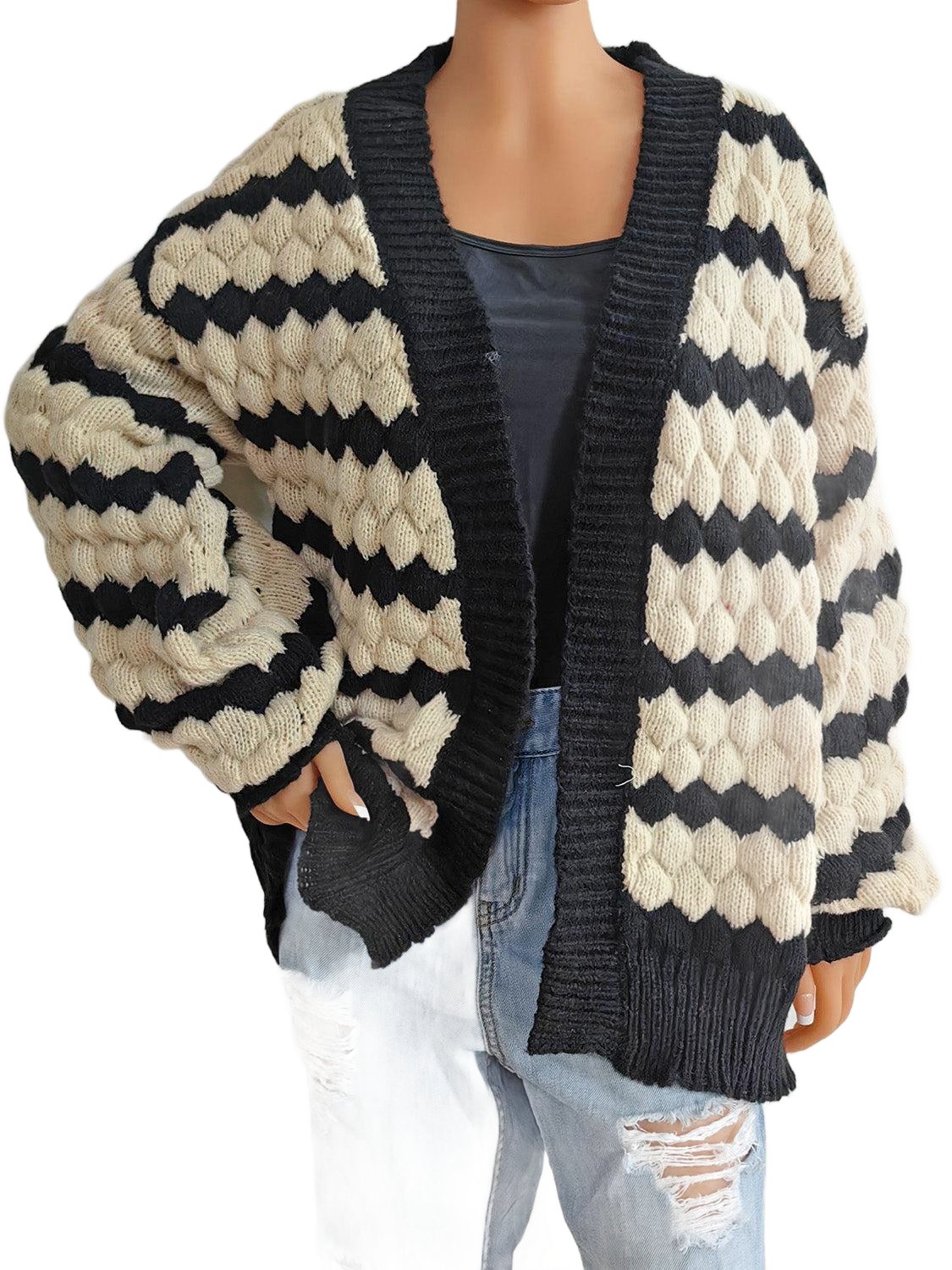 Striped Contrast Open Front Long Sleeve Cardigan