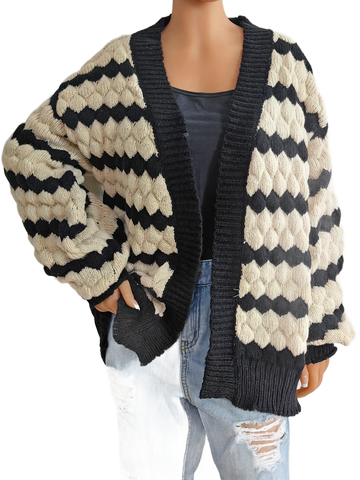 Striped Contrast Open Front Long Sleeve Cardigan