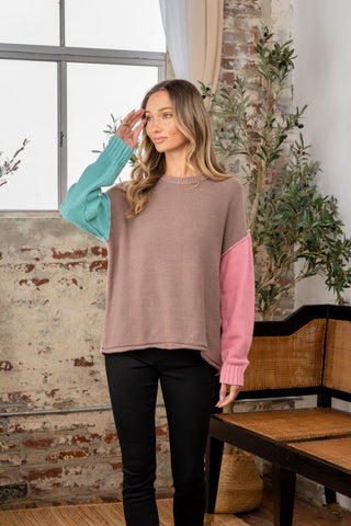 Full Size Color Block Drop Shoulder Sweater