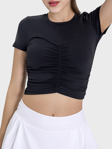 Ruched Round Neck Short Sleeve Active T-Shirt