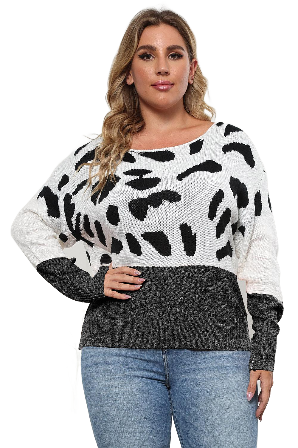 Plus Size Leopard Round Neck Long Sleeve Sweater