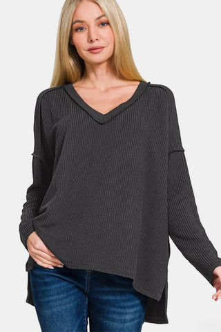 Banana Texture Exposed Seam V-Neck Long Sleeve T-Shirt