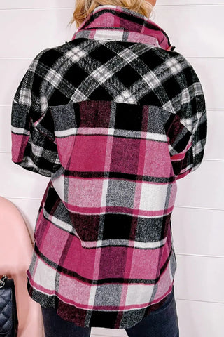 Pocketed Plaid Collared Neck Long Sleeve Shacked