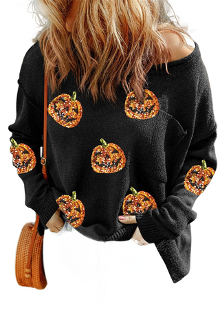 Pumpkin Round Neck Long Sleeve Knit Top