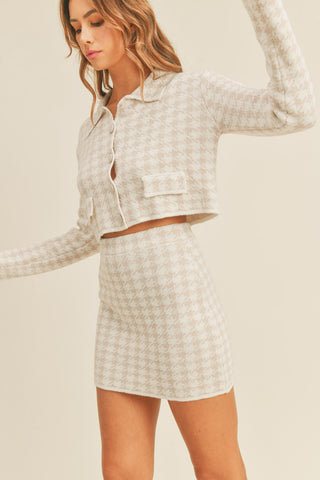 Hounds tooth Cropped Knit Cardigan and Mini Skirt Set