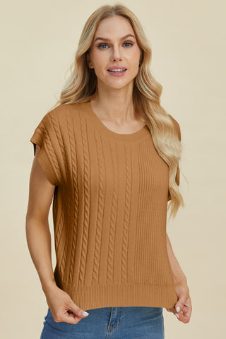 Full Size Cable-Knit Round Neck Short Sleeve Sweater