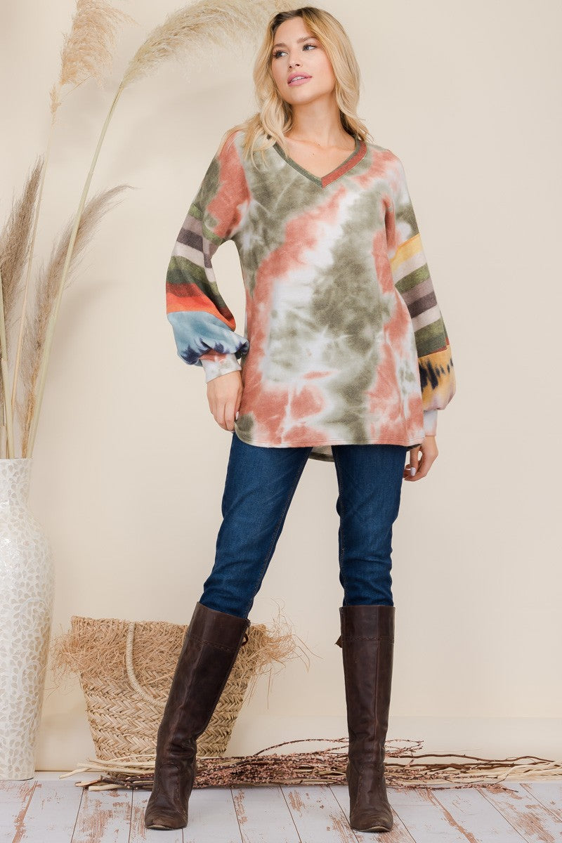 Celeste Full Size Tie-Dye Contrast Striped V-Neck Long Sleeve Blouse