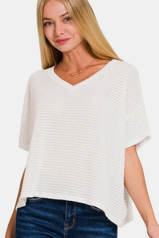 Ze nana Drop Shoulder Short Sleeve Jacquard Knit Top