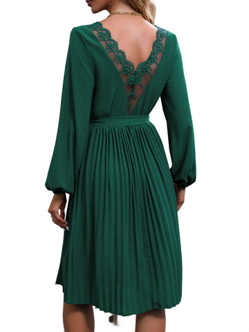 Lace V-Neck Long Sleeve Pleated Dress