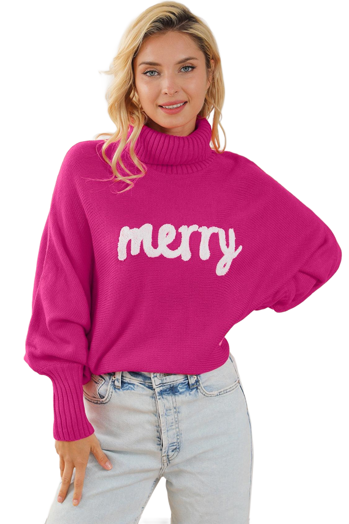 Merry Letter Embroidered High Neck Sweater