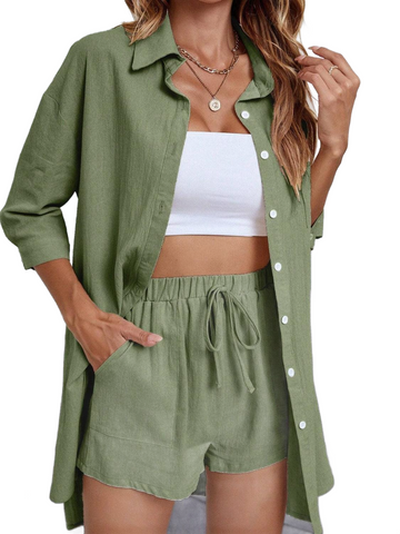 Dropped Shoulder Button Up Shirt and Shorts Set