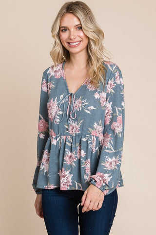 Super Lady Full Size Baby doll Floral Long Sleeve Blouse