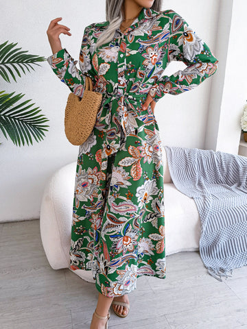 Tied Printed Long Sleeve Midi Dress