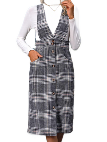 Pocketed Plaid Overall Dress