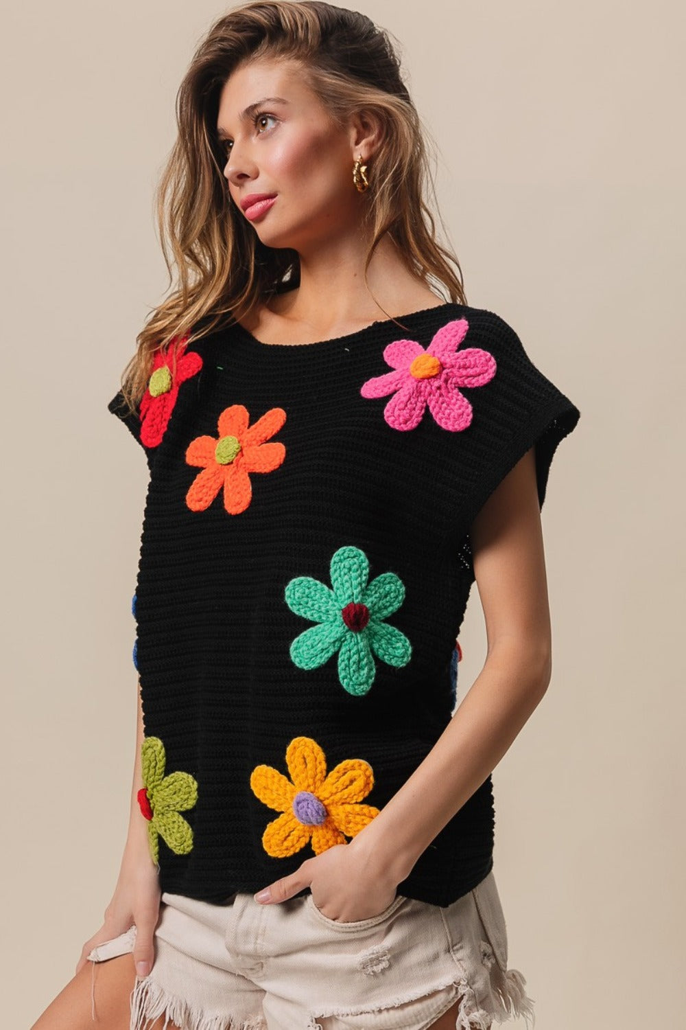 Flower Round Neck Cap Sleeve Knit Top