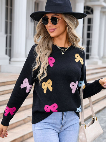 Bow Graphic Round Neck Long Sleeve Sweater