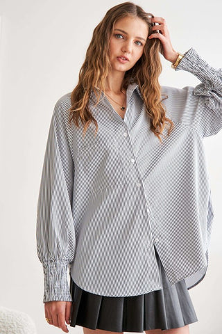 ADORAL High-Low Striped Button Down Smocked Lantern Sleeve Shirt