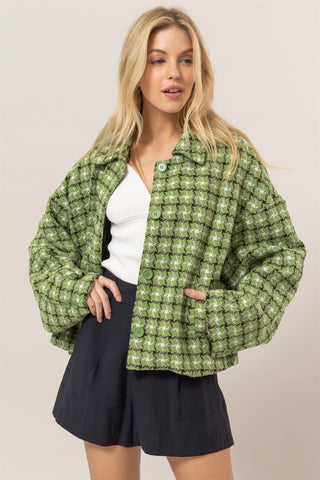 HAVE Tweed Plaid Button Up Collared Neck Jacket