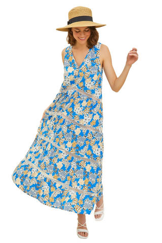 Full Size Printed Crochet Trim Maxi Dress