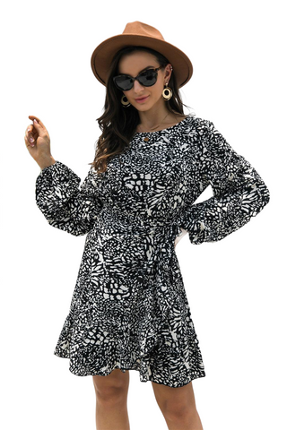 Animal Print Round Neck Balloon Sleeve Mini Dress