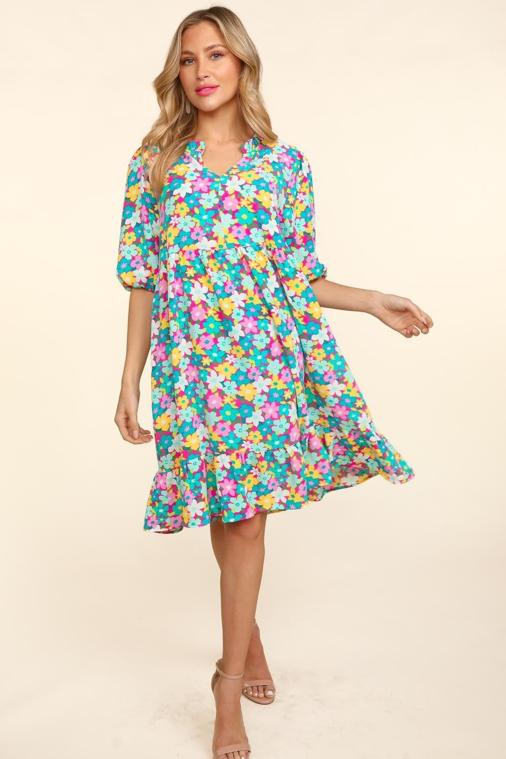 Bubble Sleeve Floral Ruffled Dress