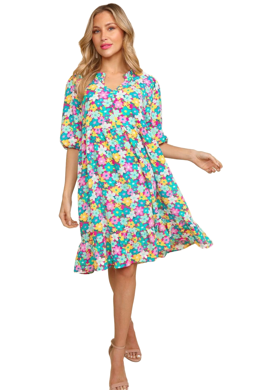 Bubble Sleeve Floral Ruffled Dress