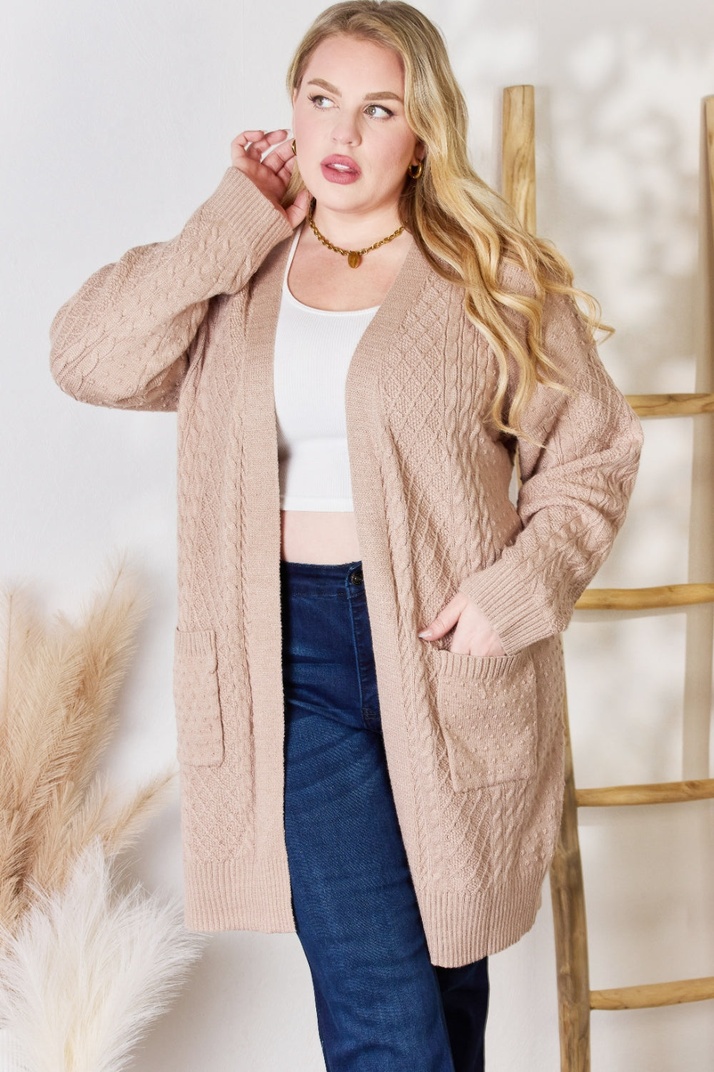 Full Size Cable-Knit Pocketed Cardigan