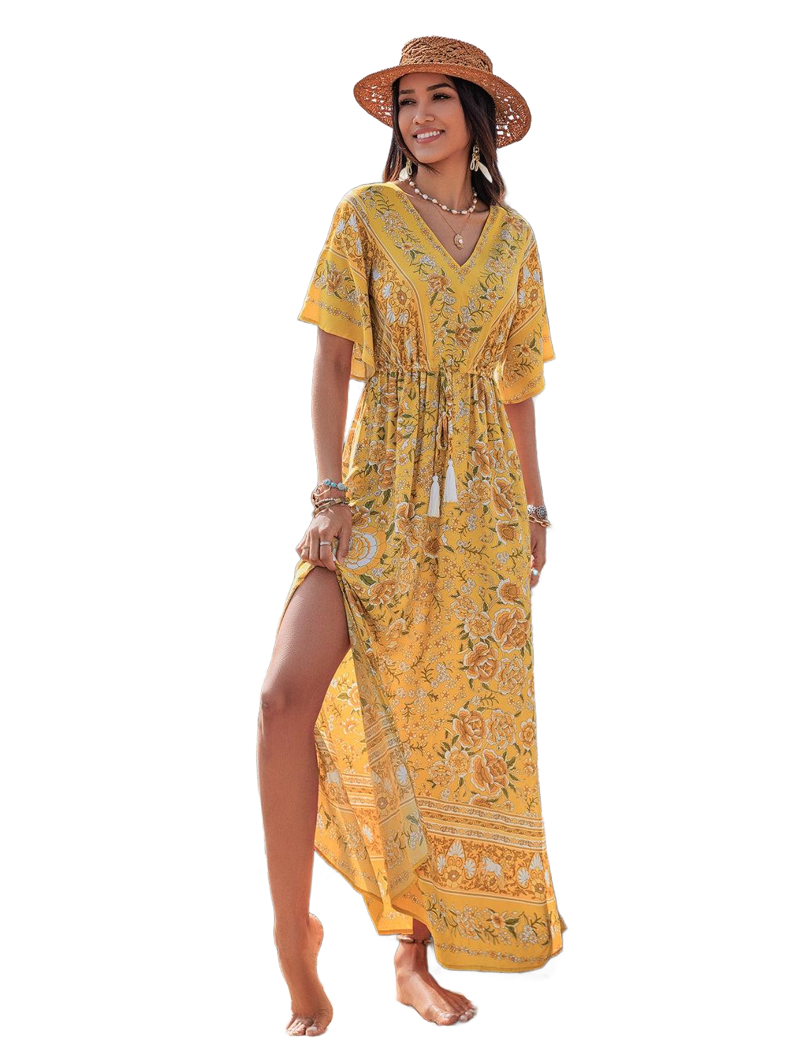 Drawstring Printed Plunge Half Sleeve Dress