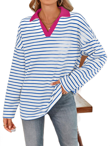 Striped Johnny Collar Long Sleeve T-Shirt